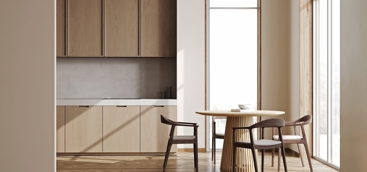 Modern light kitchen interior with dining area near window, wooden concept, 3d rendering